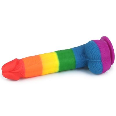 ซิลิโคนเหลว 22.5 ซม. Rainbow Dildo Sex Toy อวัยวะเพศชายปลอมพร้อมถ้วยดูด