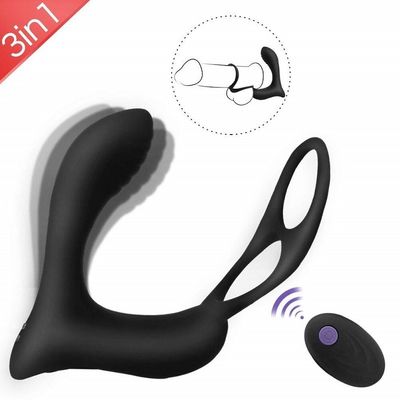 3 In one Male Ring Vibrator ปลั๊กเสียบส่วนบุคคลแบบไร้สายรีโมทคอนโทรล 400mah